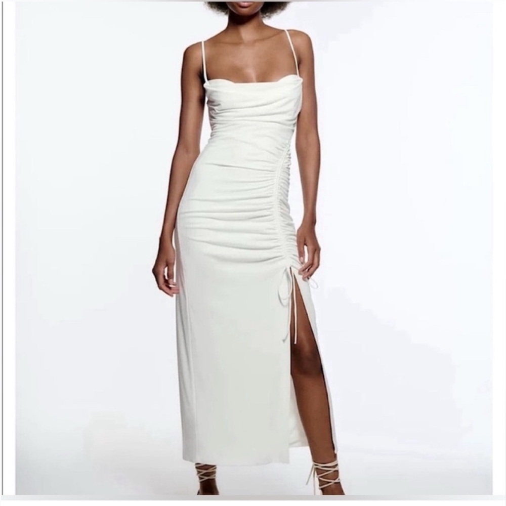 Zara White Strap Ruched Side-Tie Midi Dress